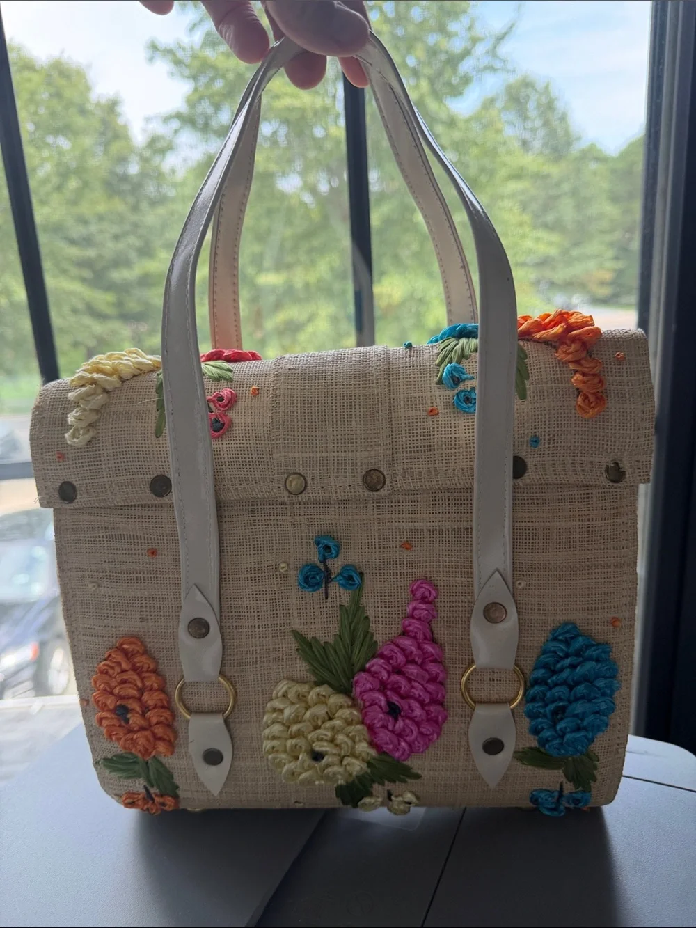 Whimsical, Embroidered Floral Straw Tote Handbag - Cream with Multicolor Flowers